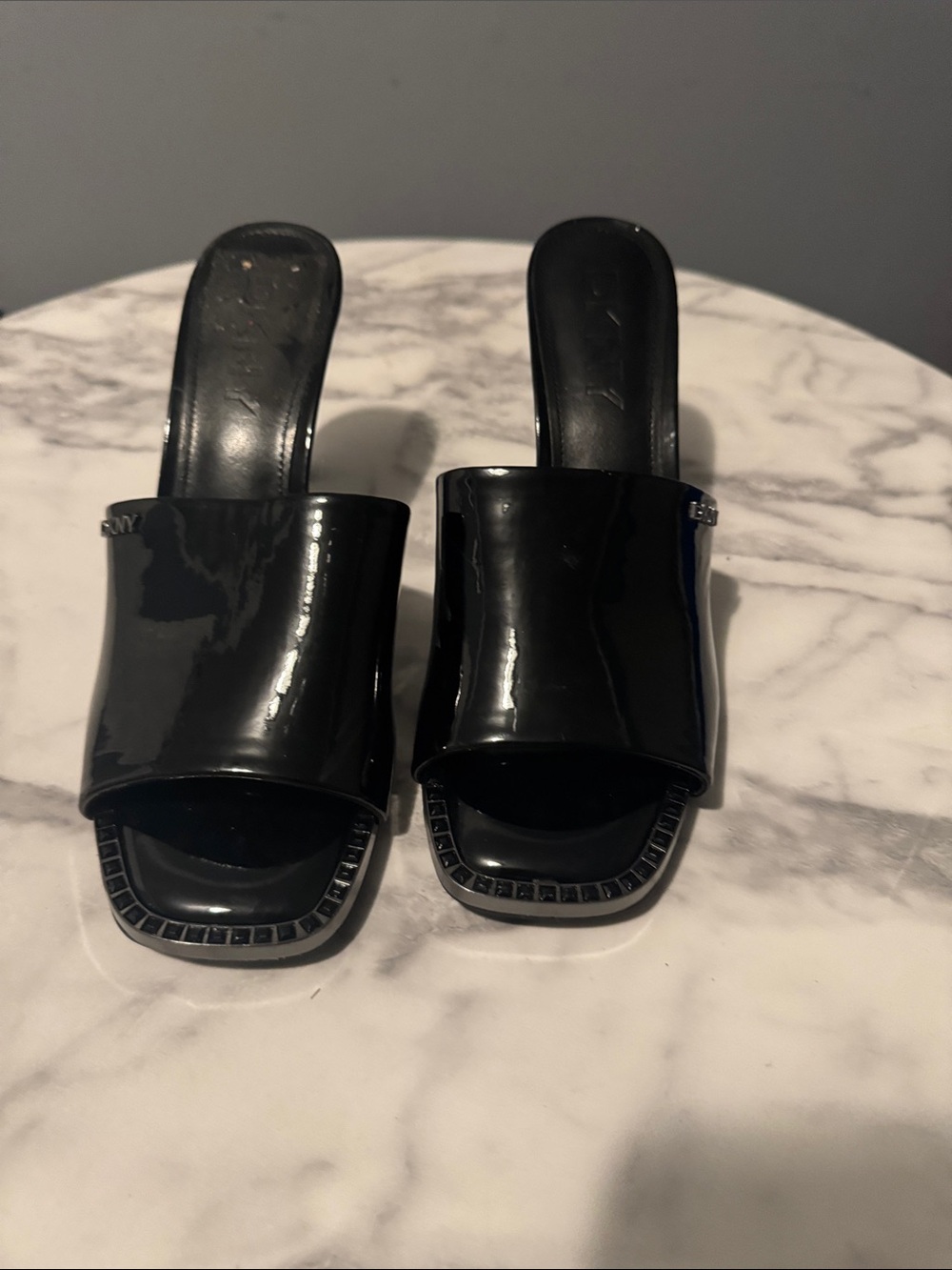 DKNY Black Patent Open-Toe Slide Mules